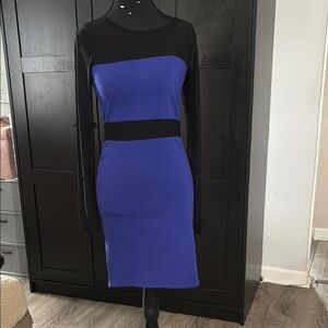 Bozzolo Blue and Black Long Sleeve Mock Neck Dress